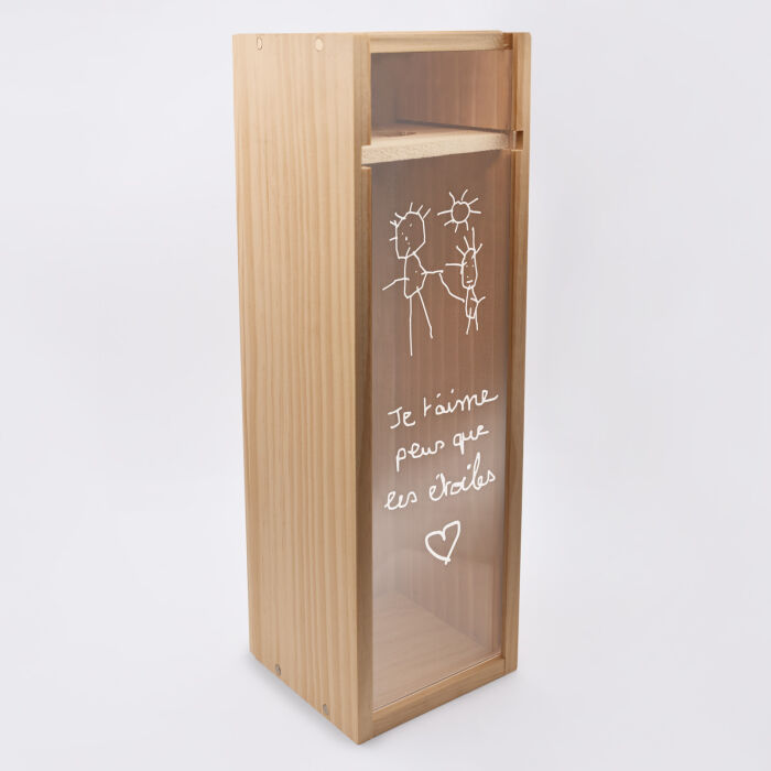 Caisse de champagne bois couvercle acrylique gravé - dessin et écrit