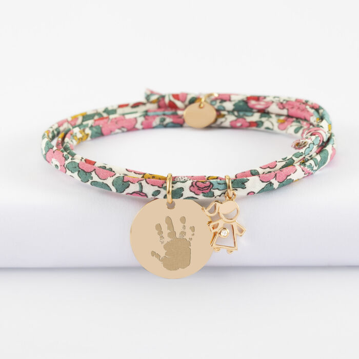 Bracelet 3 tours Liberty personnalisé médaille gravée plaqué or 19 mm et breloque petite fille zircon 12 mm - empreinte