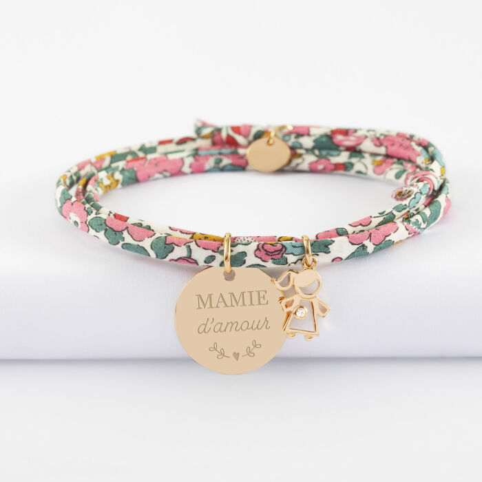 Bracelet 3 tours Liberty personnalisé médaille gravée plaqué or 19 mm et breloque petite fille zircon 12 mm - illustration