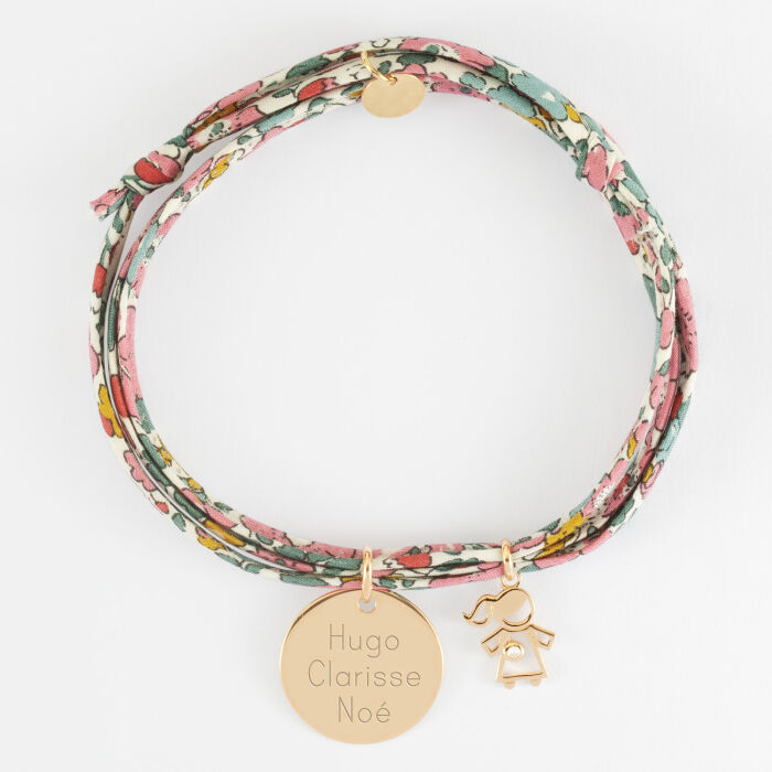 Bracelet 3 tours Liberty personnalisé médaille gravée plaqué or 19 mm et breloque petite fille zircon 12 mm - texte