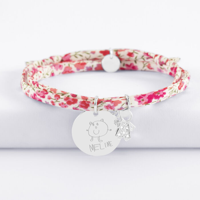 Bracelet 3 tours Liberty personnalisé médaille gravée argent 19 mm et breloque petite fille scintillante 12 mm - dessin
