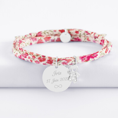 Bracelet 3 tours Liberty personnalisé médaille gravée argent 19 mm et breloque petite fille scintillante 12 mm - texte pictogramme