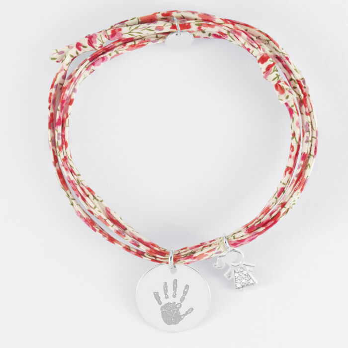 Bracelet 3 tours Liberty personnalisé médaille gravée argent 19 mm et breloque petite fille scintillante 12 mm - empreinte