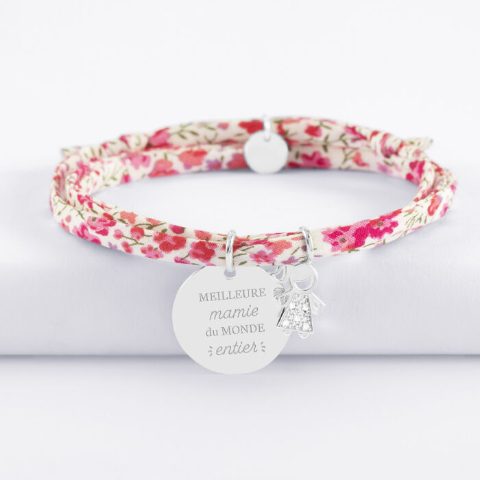 Bracelet 3 tours Liberty personnalisé médaille gravée argent 19 mm et breloque petite fille scintillante 12 mm - illustration