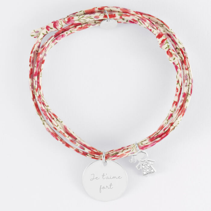 Bracelet 3 tours Liberty personnalisé médaille gravée argent 19 mm et breloque petite fille scintillante 12 mm - texte