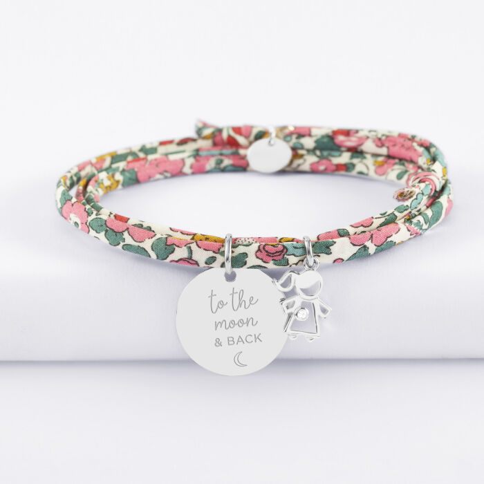 Bracelet 3 tours Liberty personnalisé médaille gravée argent 19 mm et breloque petite fille zircon 12 mm - illustration