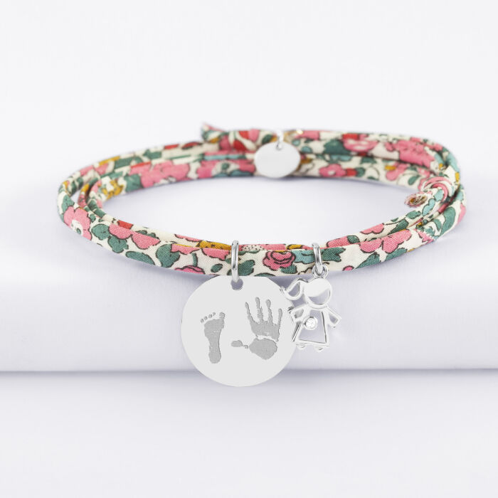 Bracelet 3 tours Liberty personnalisé médaille gravée argent 19 mm et breloque petite fille zircon 12 mm - empreintes