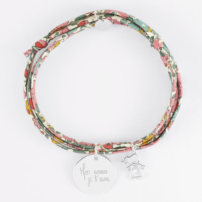 Bracelet 3 tours Liberty personnalisé médaille gravée argent 19 mm et breloque petite fille zircon 12 mm - écrit