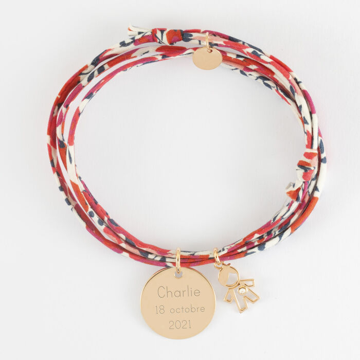 Bracelet 3 tours Liberty personnalisé médaille gravée plaqué or 19 mm et breloque petit garçon zircon 12 mm - texte