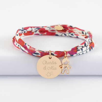 Bracelet 3 tours Liberty personnalisé médaille gravée plaqué or 19 mm et breloque petit garçon zircon 12 mm - texte pictogramme