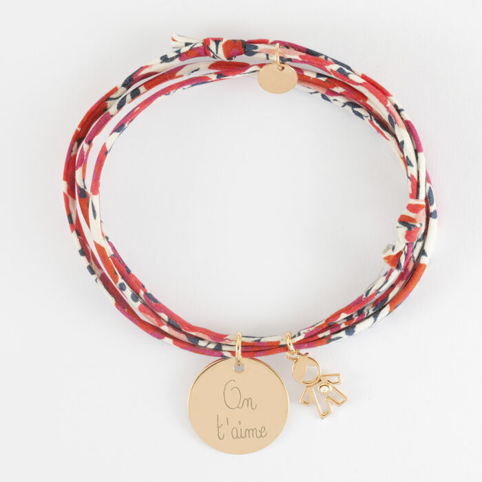 Bracelet 3 tours Liberty personnalisé médaille gravée plaqué or 19 mm et breloque petit garçon zircon 12 mm - écrit