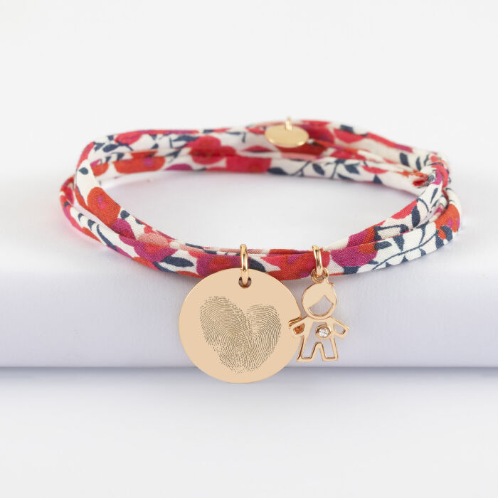 Bracelet 3 tours Liberty personnalisé médaille gravée plaqué or 19 mm et breloque petit garçon zircon 12 mm - empreinte