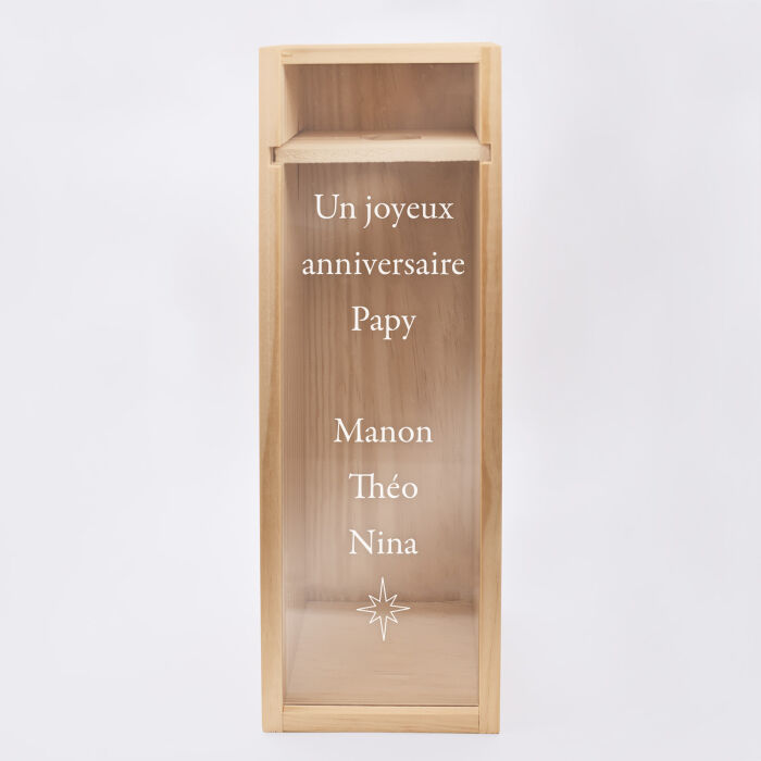Caisse de champagne bois couvercle acrylique gravé - texte pictogramme