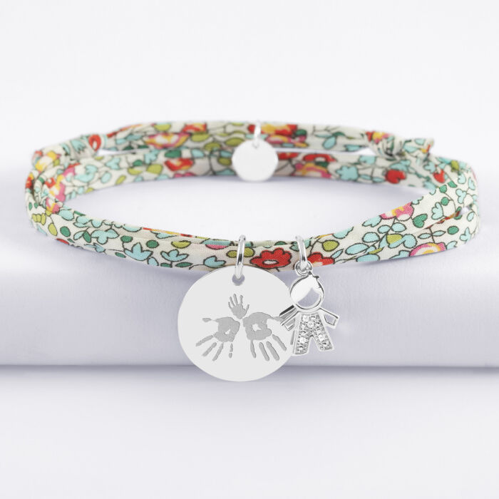 Bracelet 3 tours Liberty personnalisé médaille gravée argent 19 mm et breloque petit garçon scintillant 12 mm - empreinte