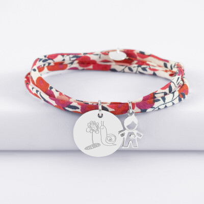 Bracelet 3 tours Liberty personnalisé médaille gravée argent 19 mm et breloque petit garçon zircon 12 mm - dessin