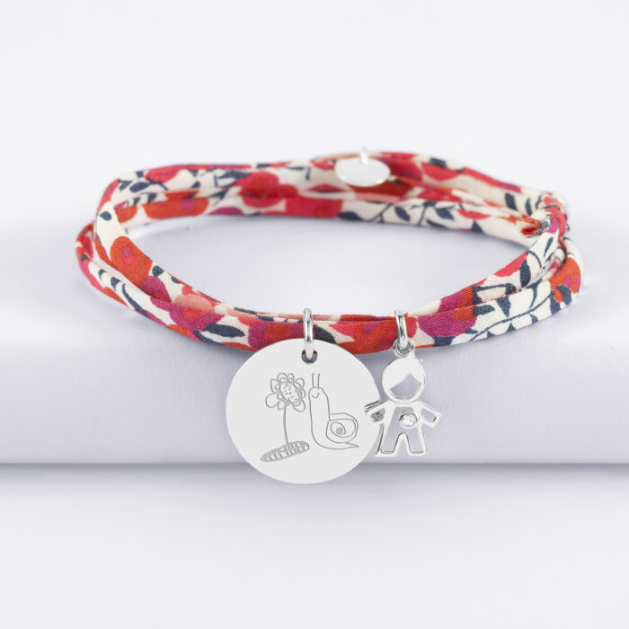 Bracelet 3 tours Liberty personnalisé médaille gravée argent 19 mm et breloque petit garçon zircon 12 mm - dessin