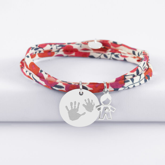 Bracelet 3 tours Liberty personnalisé médaille gravée argent 19 mm et breloque petit garçon zircon 12 mm - empreintes
