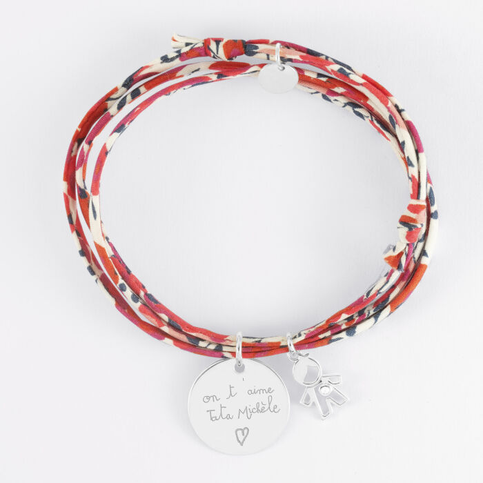 Bracelet 3 tours Liberty personnalisé médaille gravée argent 19 mm et breloque petit garçon zircon 12 mm - ecrit