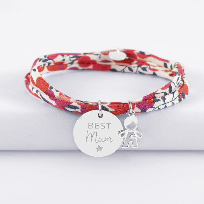 Bracelet 3 tours Liberty personnalisé médaille gravée argent 19 mm et breloque petit garçon zircon 12 mm - illustration