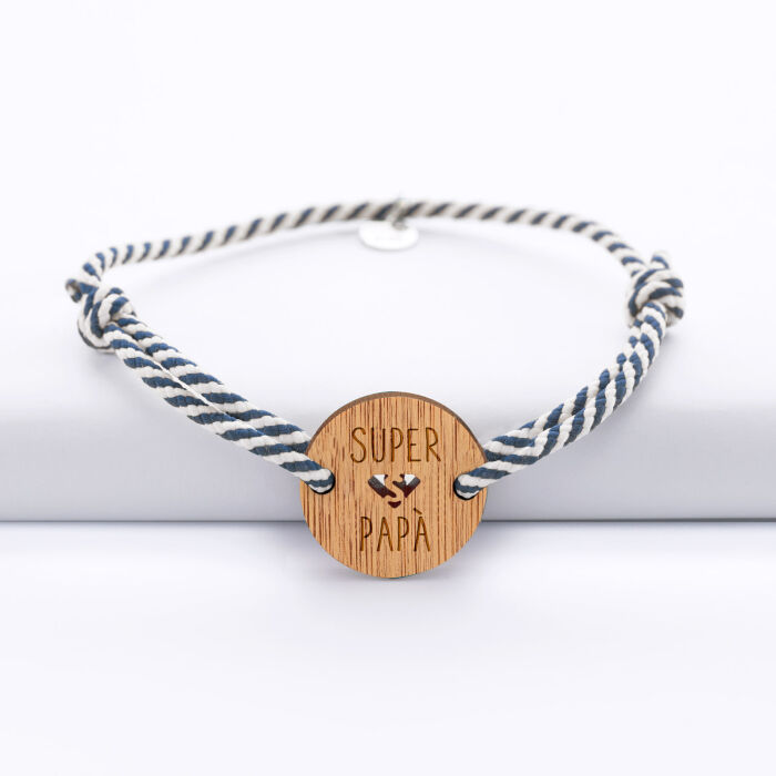 [IT] Bracelet homme cordon marin médaille gravée bois ronde 21 mm - Edition spéciale "Super papà"
