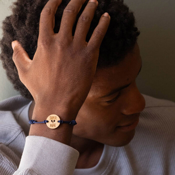 Bracciale Papà uomo medaglietta incisa legno rotondo 21 mm - Edizione speciale "Super Papà"