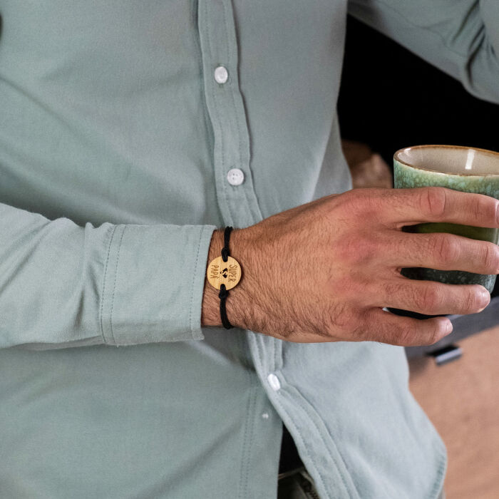 Bracciale Papà uomo medaglietta incisa legno rotondo 21 mm - Edizione speciale "Super Papà"