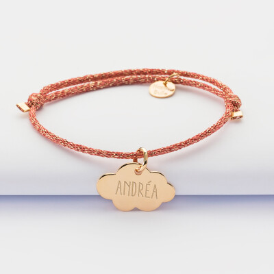 Bracelet enfant personnalisé cordon pailleté médaille gravée plaqué or nuage 20x14 mm - prénom
