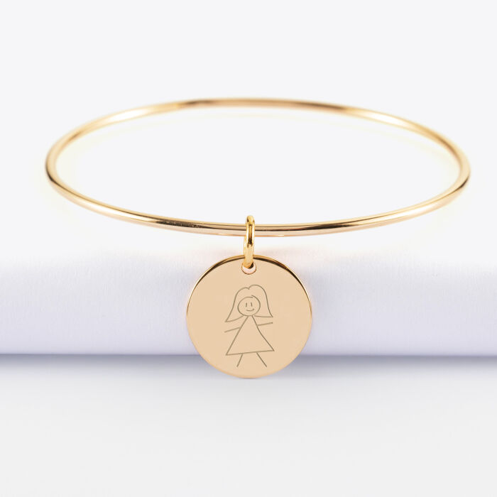 Bracelet personnalisé jonc plaqué or médaille gravée coeur émail rouge 19 mm - HappyBulle x Atelier Wagram - dessin