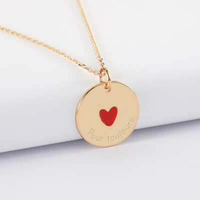 Pendentif personnalisé médaille gravée plaqué or coeur émail rouge 19 mm - HappyBulle x Atelier Wagram - texte