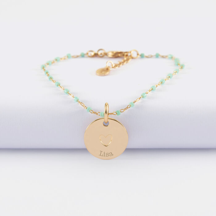 Bracelet perles Miyuki colorées personnalisé médaille gravée plaqué or coeur estampillé 15 mm - HappyBulle x Atelier Wagram - prénom