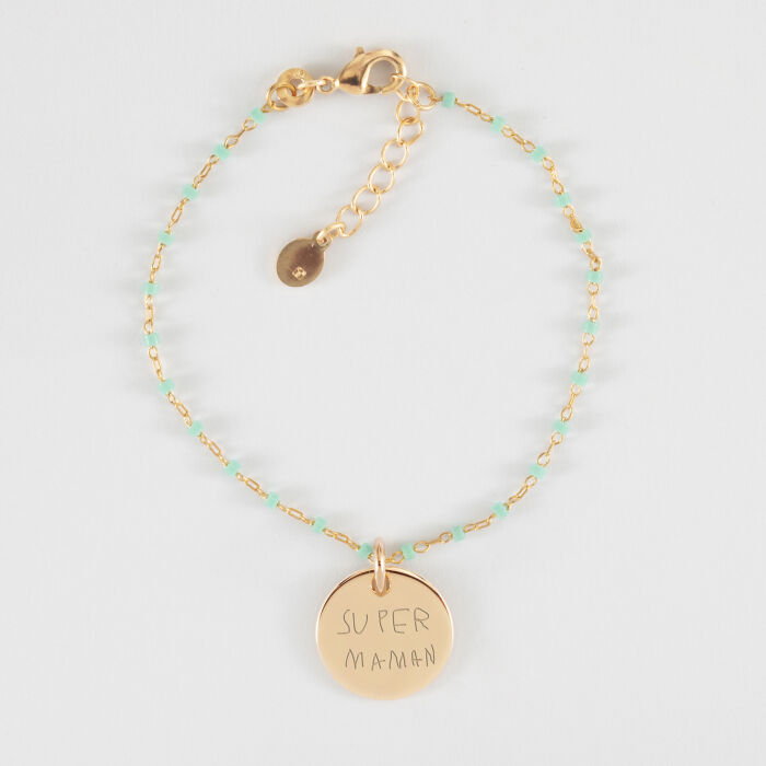 Bracelet perles Miyuki colorées personnalisé médaille gravée plaqué or coeur estampillé 15 mm - HappyBulle x Atelier Wagram - écrit