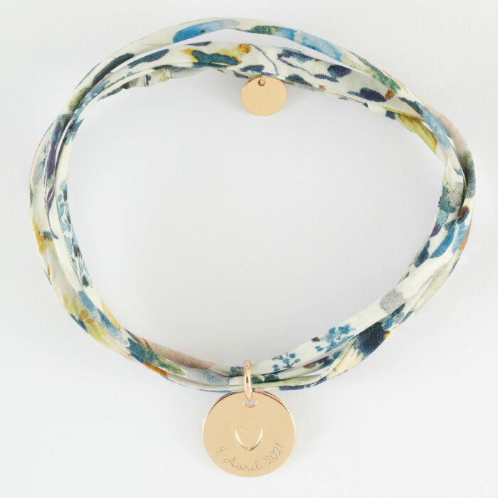 Bracelet 3 tours Liberty personnalisé médaille gravée plaqué or coeur estampillé 15 mm - HappyBulle x Atelier Wagram - date