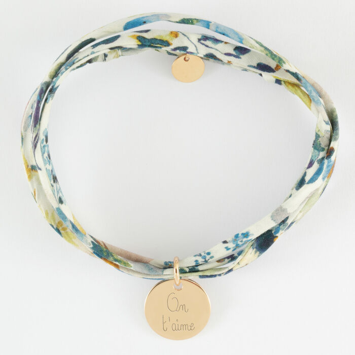 Bracelet 3 tours Liberty personnalisé médaille gravée plaqué or coeur estampillé 15 mm - HappyBulle x Atelier Wagram - écrit