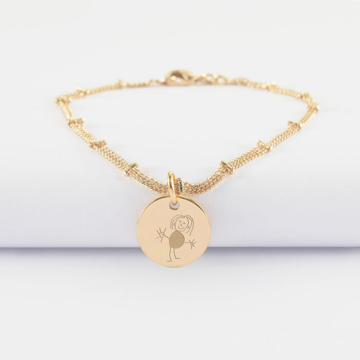 Bracelet chaîne double personnalisé médaille gravée plaqué or coeur estampillé 15 mm - HappyBulle x Atelier Wagram - dessin