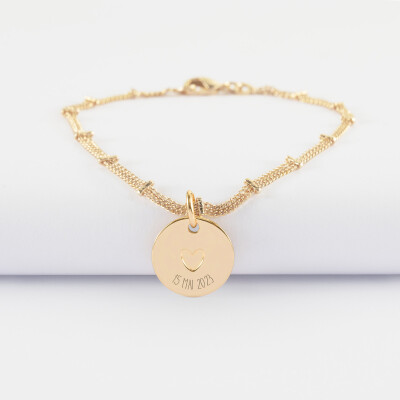 Bracelet chaîne double personnalisé médaille gravée plaqué or coeur estampillé 15 mm - HappyBulle x Atelier Wagram - date