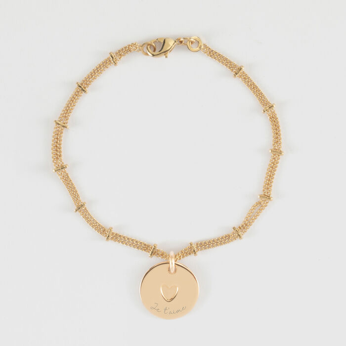 Bracelet chaîne double personnalisé médaille gravée plaqué or coeur estampillé 15 mm - HappyBulle x Atelier Wagram - phrase