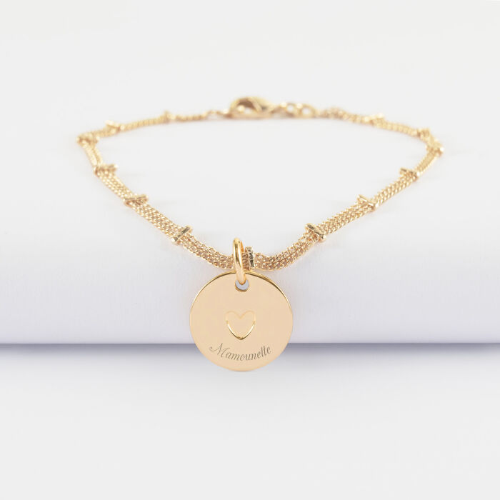Bracelet chaîne double personnalisé médaille gravée plaqué or coeur estampillé 15 mm - HappyBulle x Atelier Wagram - surnom