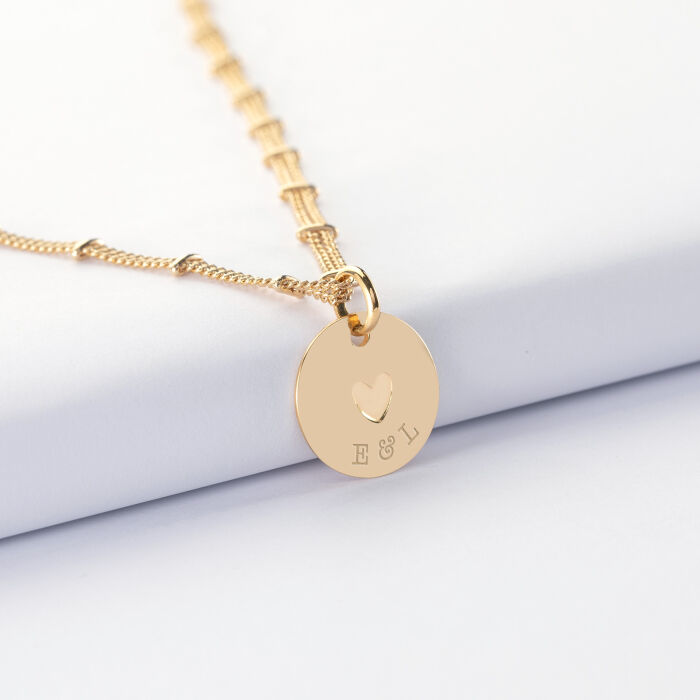 Collier chaîne double personnalisé médaille gravée plaqué or coeur estampillé 15 mm - HappyBulle x Atelier Wagram - initiales