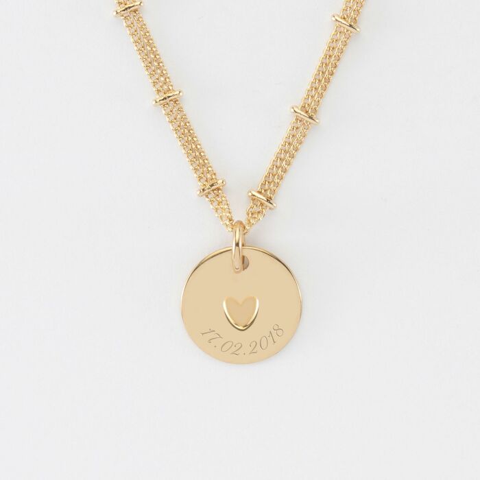 Collier chaîne double personnalisé médaille gravée plaqué or coeur estampillé 15 mm - HappyBulle x Atelier Wagram - date