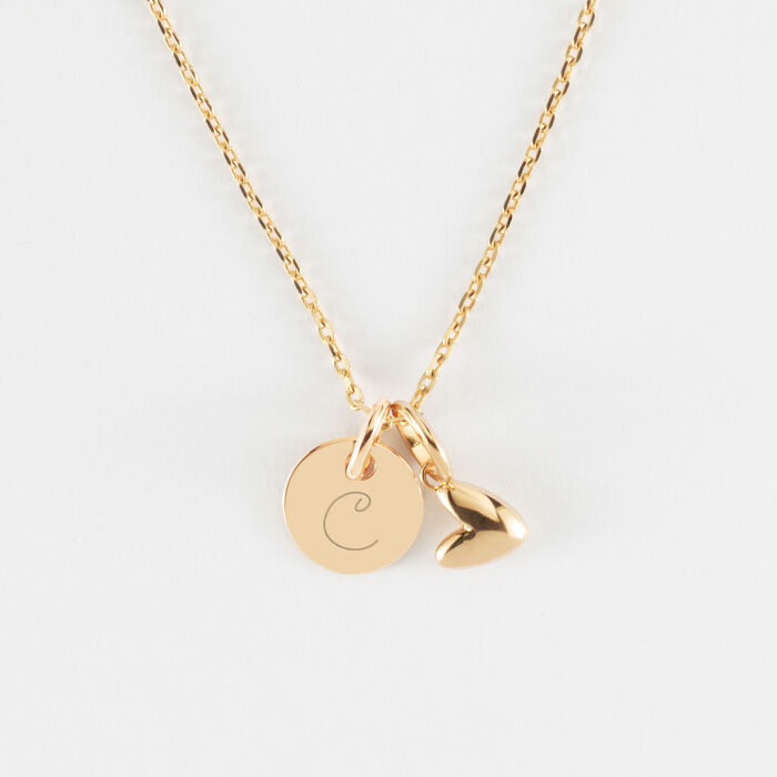 Pendentif enfant personnalisé médaille gravée plaqué or 10 mm et breloque petit coeur bombé 7 mm - HappyBulle x Atelier Wagram - C