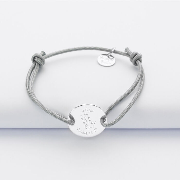 Bracelet enfant personnalisé médaille gravée argent 2 trous 15mm - Edition spéciale KIDS - dinosaure