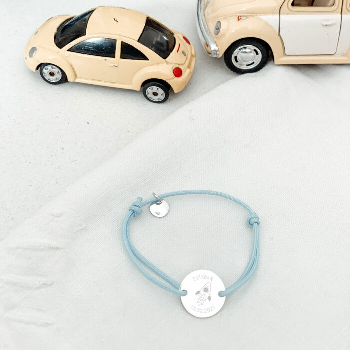Bracelet enfant personnalisé médaille gravée argent 2 trous 15mm - Edition spéciale KIDS - ambiance fusée