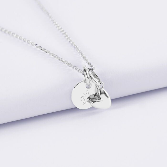 Pendentif enfant personnalisé médaille gravée argent 10 mm et breloque petit coeur bombé 7 mm - HappyBulle x Atelier Wagram - picto etoile