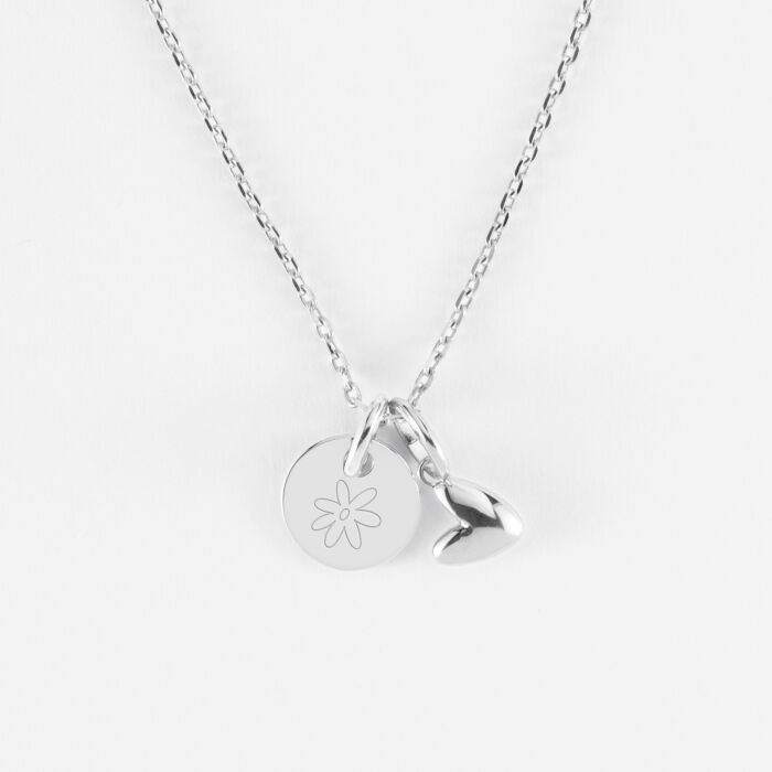 Pendentif enfant personnalisé médaille gravée argent 10 mm et breloque petit coeur bombé 7 mm - HappyBulle x Atelier Wagram - picto fleur