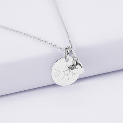 Pendentif personnalisé médaille gravée argent 15 mm et breloque petit coeur bombé 7 mm - HappyBulle x Atelier Wagram - dessin