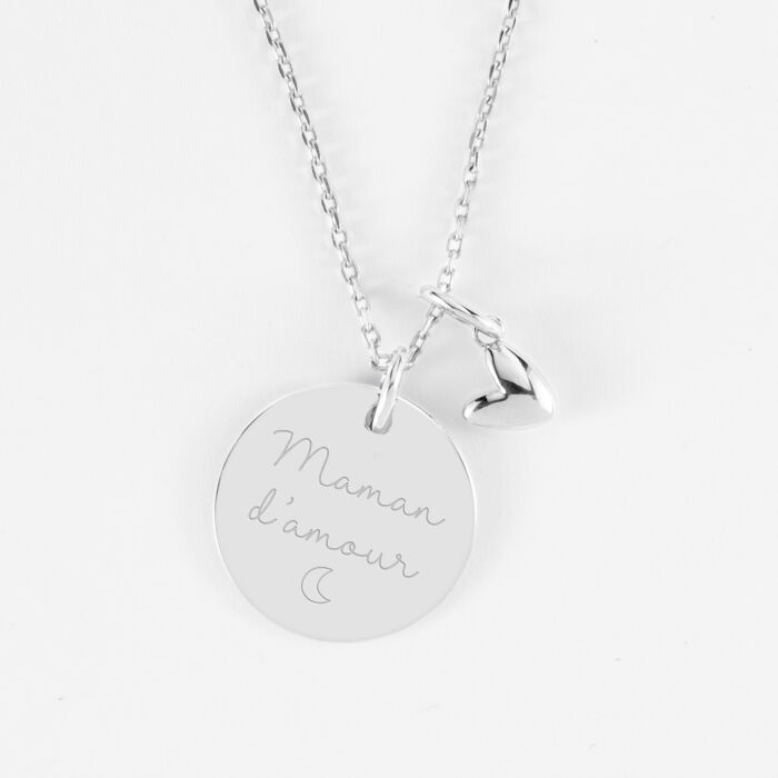 Pendentif personnalisé médaille gravée argent 19 mm et breloque petit coeur bombé 7 mm - HappyBulle x Atelier Wagram - texte picto