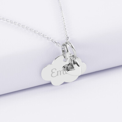 Pendentif enfant personnalisé médaille gravée argent nuage 20x14 mm et breloque petit coeur bombé 7 mm - HappyBulle x Atelier Wagram - prénom