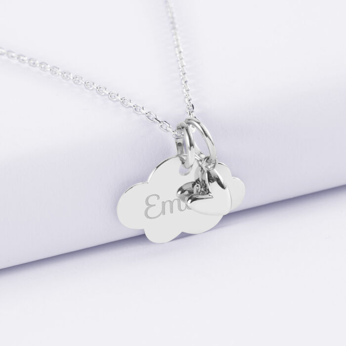 Pendentif enfant personnalisé médaille gravée argent nuage 20x14 mm et breloque petit coeur bombé 7 mm - HappyBulle x Atelier Wagram - prénom