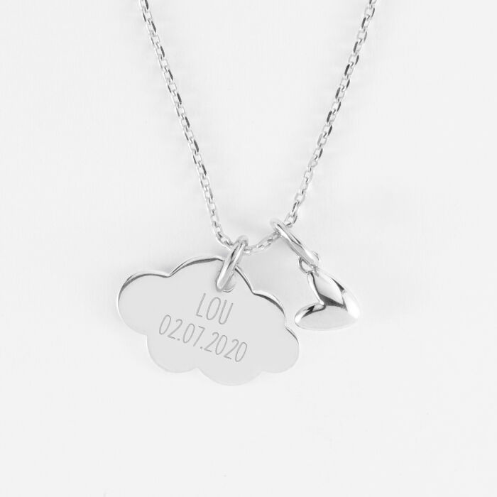 Pendentif enfant personnalisé médaille gravée argent nuage 20x14 mm et breloque petit coeur bombé 7 mm - HappyBulle x Atelier Wagram - prénom et date