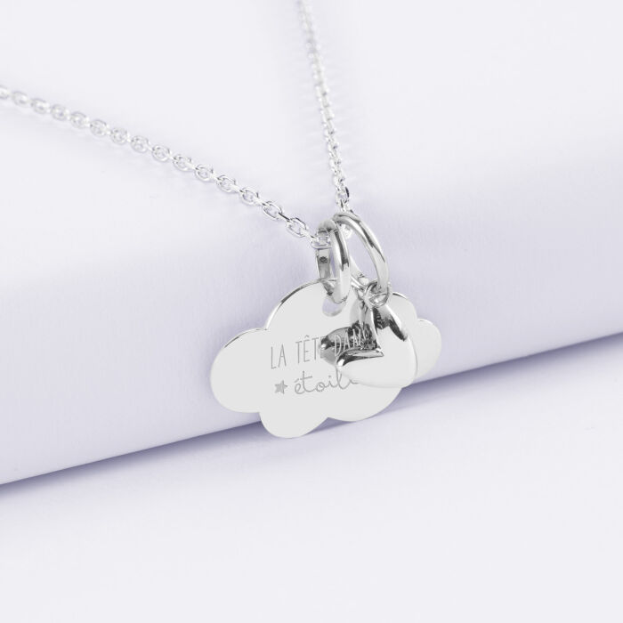 Pendentif enfant personnalisé médaille gravée argent nuage 20x14 mm et breloque petit coeur bombé 7 mm - HappyBulle x Atelier Wagram - illustration